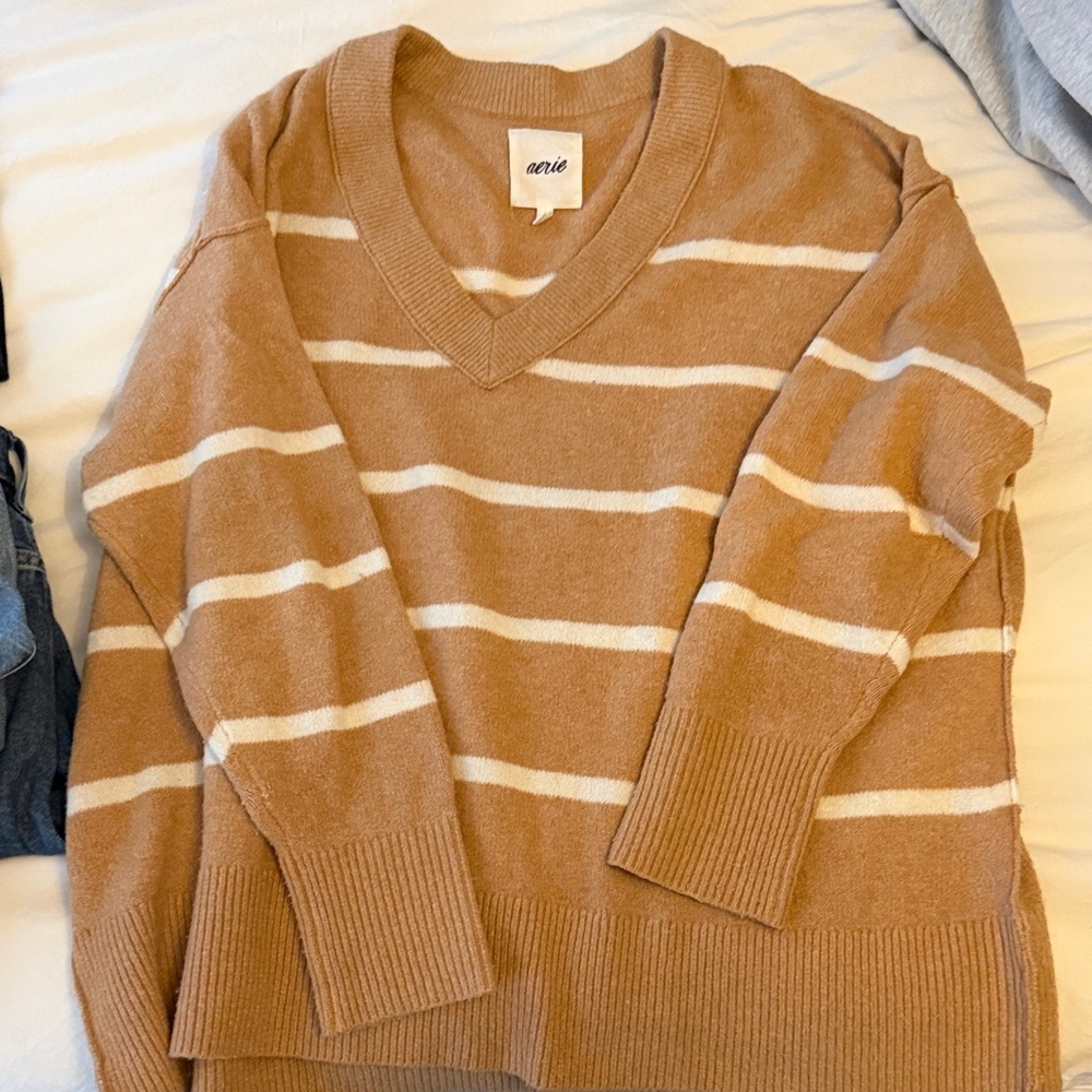 aerie like- new Striped V-Neck Sweater in Camel & Cream